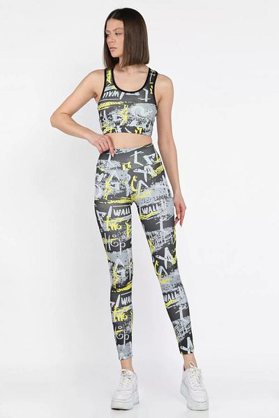 GÜLSELİ Black and Yellow Women's Printed High Waist Athlete Leggings Crop Bustier Two Piece Set