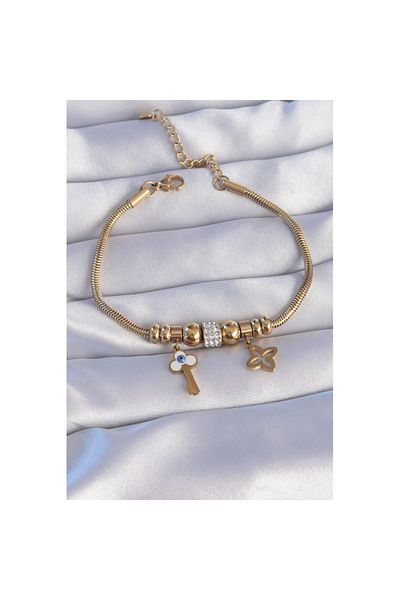 Skygo 316L Steel Gold Color Zircon Stone Clover Detail Evil Eye Key Designed Bracelet - Tj-Bb6203