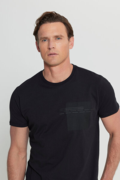 ALTINYILDIZ CLASSICS Ανδρικό μαύρο βαμβακερό μπλουζάκι με λεπτή εφαρμογή με στάμπα με λαιμόκοψη