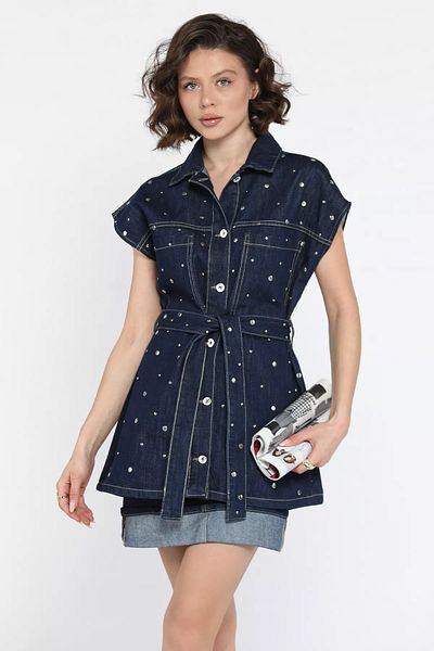 GÜLSELİ Dark Navy Blue Staple Detailed Belted Vest Skirt Women's Denim Jean Double Set