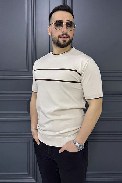 MİSHAR İTALİA Ανδρικό μπλουζάκι Bejkh Coffee Stripe με λεπτομέρεια Crew Neck