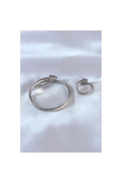Skygo Men's Bracelet and Ring Set - Steel Silver Twist Model TJ-EB3592