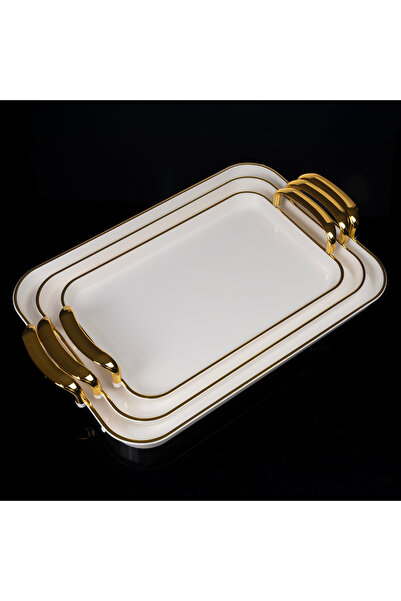 ZETT 3'lü Akrilik Tepsi Fenomen Model Altın Renk Kulplu DİKDÖRTGEN BEYAZ