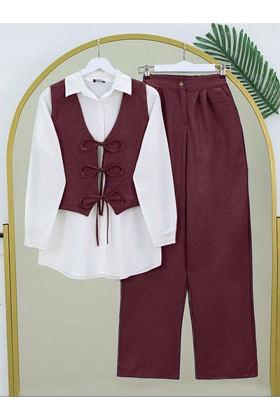 Modamorfo Set din două piese din in, cu vestă și pantaloni largi cu șireturi - Burgundy