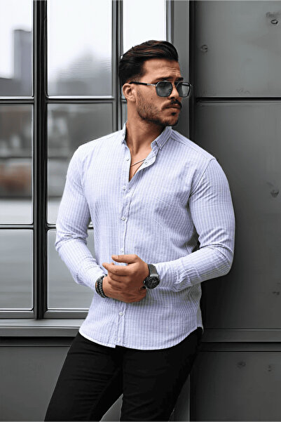 Valiberta Nefes Alabilir Zarif Günlük Carina Çizgili Pamuklu Erkek Gömlek - Mavi