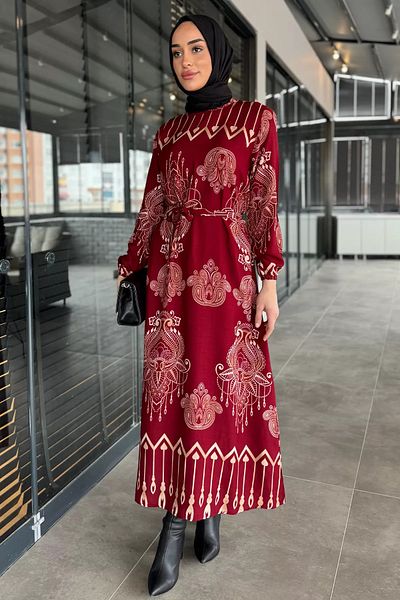 julude Μπορντό φόρεμα Hijab με μοτίβο μέσης