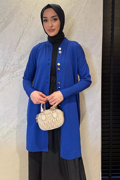julude Sax Blue Women's Gold Button Detailed Hijab Knitwear Cardigan