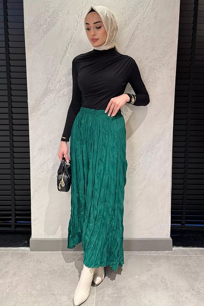 julude Σμαραγδένια Πράσινη Μέση Ελαστική Crinkle Voile Hijab Φούστα