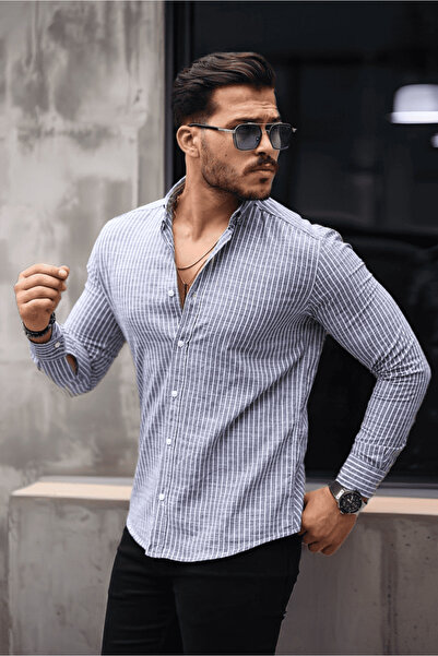 Valiberta Nefes Alabilir Zarif Günlük Carina Çizgili Pamuklu Erkek Gömlek - Lacivert