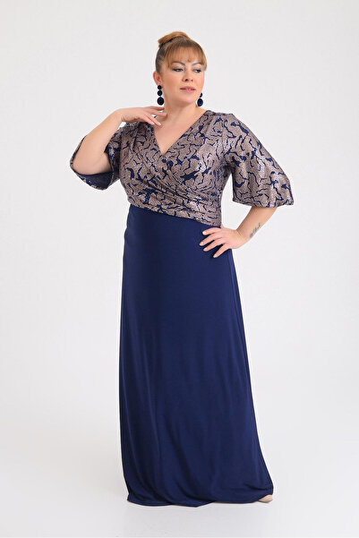 LİLAS XXL Lilas XXL Women Plus Size Double Breasted Collar Short Sleeve Long Evening Dress 9670 Navy Blue