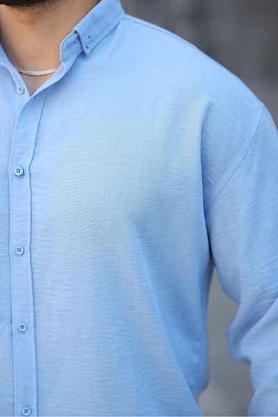 Valiberta قميص رجالي من قماش Pera Linen ذو أكمام طويلة بنصف حجم كبير - أزرق فاتح