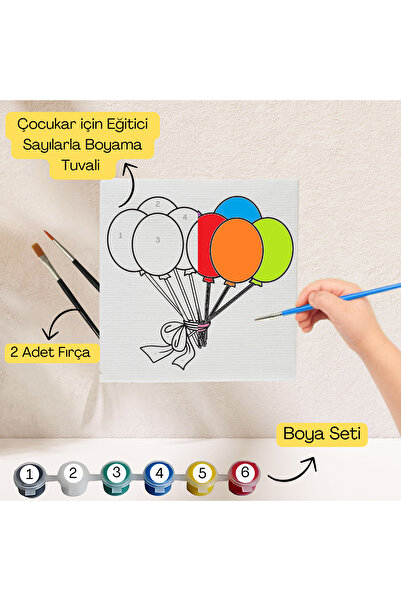 hediye hobim Çocuklar İçin Eğitici Sayılarla Boyama Seti Balon–20x20 Tuval,Bo...
