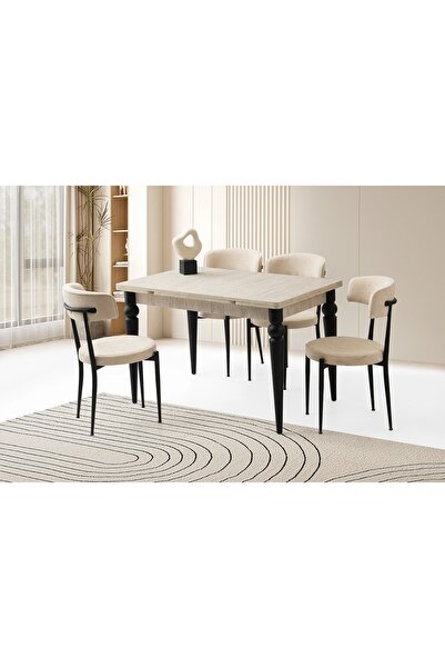 Evistro Ahşap Salon Yemek Masa Sandalye Takımı 4 Gözde Sandalyeli Yandan Açılır Büyüyen Sidon 60x90cm