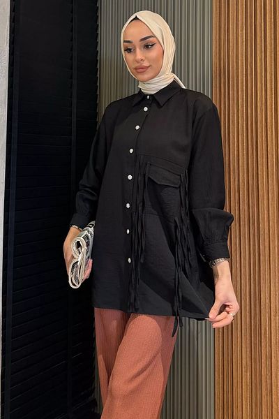 julude Μαύρο πουκάμισο Hijab με λεπτομέρεια από πέτρα