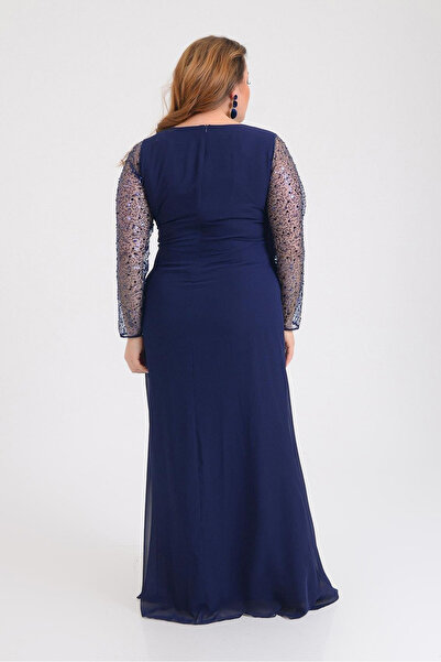 LİLAS XXL Lilas XXL Women Plus Size Chiffon Long Evening Dress 9651 Navy Blue