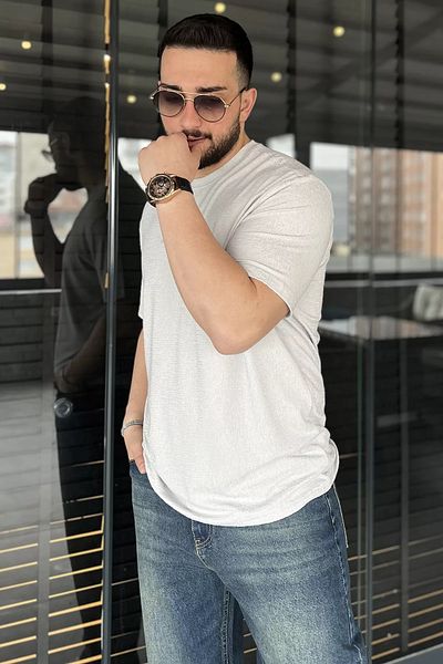 MİSHAR İTALİA Ανδρικό μπλουζάκι με γκρι λαιμόκοψη με αυτοσχεδιασμό