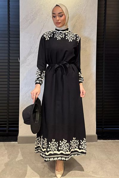 julude Black Cream Patterned Waist Tie Hijab Viscose Dress