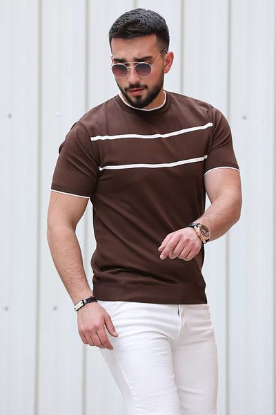 MİSHAR İTALİA Ανδρικό μπλουζάκι Coffee Stripe Detailed Crew Neck