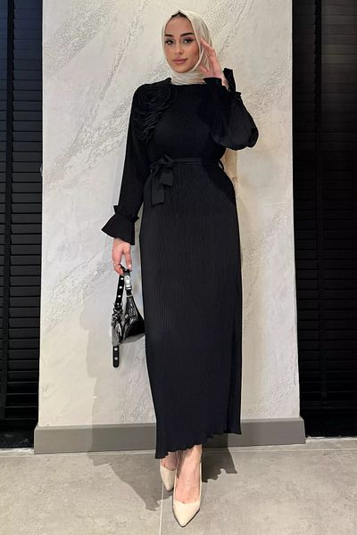 julude Μαύρο ροζ λεπτομερές πλισέ φόρεμα με ζώνη μέσης