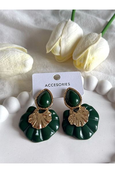 Home Women Earrings Gold Detailed Green Khaki Color