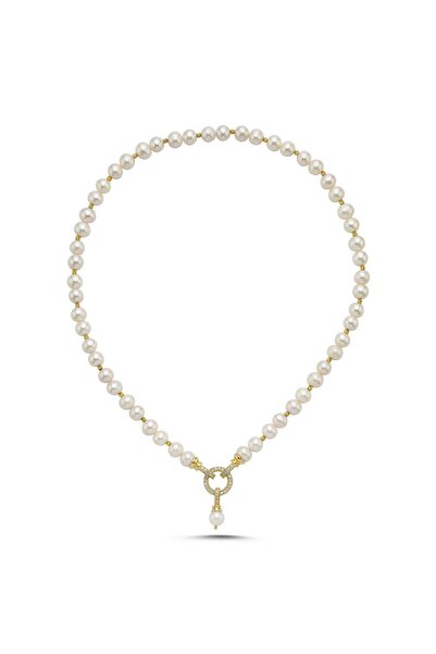 Birinci 925 Ayar Gümüş 7 mm Dorika Toplu Halka Kilitli Doğal İnci Kadın Kolye