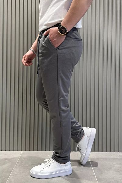MİSHAR İTALİA Dark Gray Waist Lace-Up Straight Leg Men's Jogger Pants
