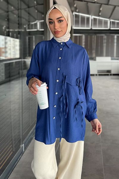 julude Πουκάμισο Indigo Side Tie Stone με λεπτομέρεια Hijab
