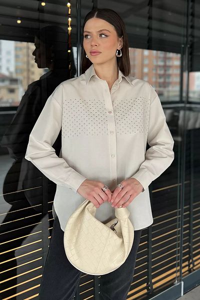 GÜLSELİ Γυναικείο πουκάμισο Oversize με λεπτομέρεια από πολύτιμους λίθους