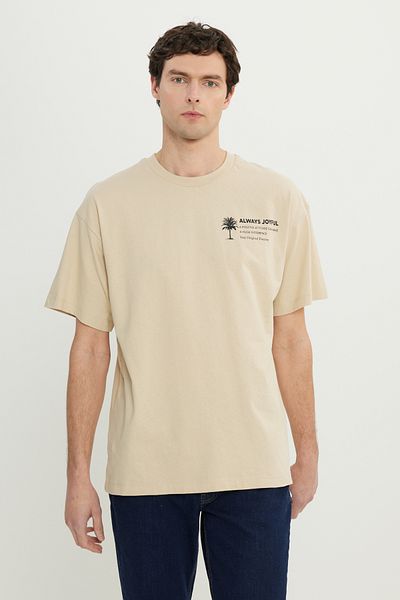 AC&Co / Altınyıldız Classics Ανδρικό μπλουζάκι μπεζ 100% βαμβακερό oversize με χαλαρή εφαρμογή με λαιμόκοψη με στάμπα