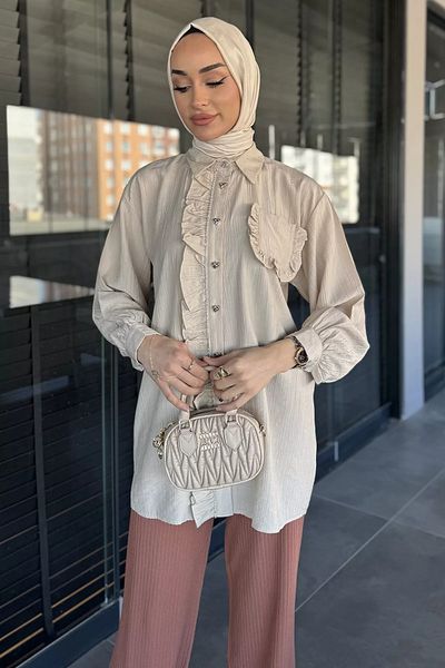 julude Cămașă Hijab cu piatră în față și detaliu cu volane