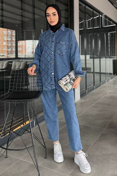 julude Set de două piese pentru femei albastre, cu un singur buzunar, cu detaliu de piatră, blugi, pantaloni, pantaloni
