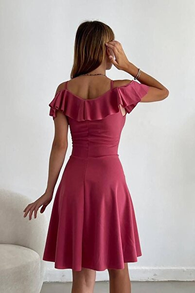 Deafox Dusty Rose Crepe Fabric Strap Shoulder Ruffle Dress