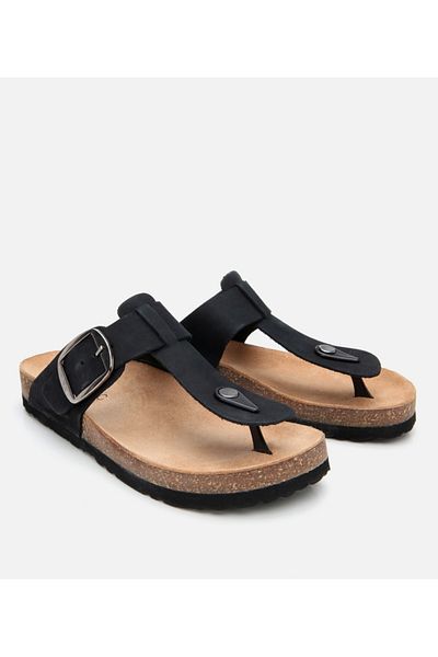 Hotiç Flip-flops de damă din piele nubuck neagră cu curea