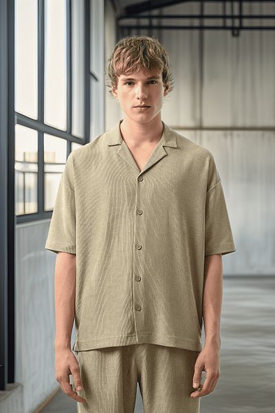Valiberta Men's Beige Shirt - Apash Collar, Short Sleeve, Textured
