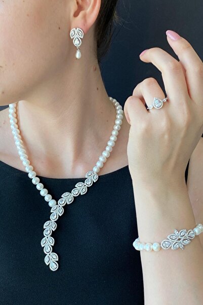 Birinci1926 925 Ayar Gümüş Kadın Doğal Inci Küpe Kolye Bileklik Yüzük Dörtlü Set