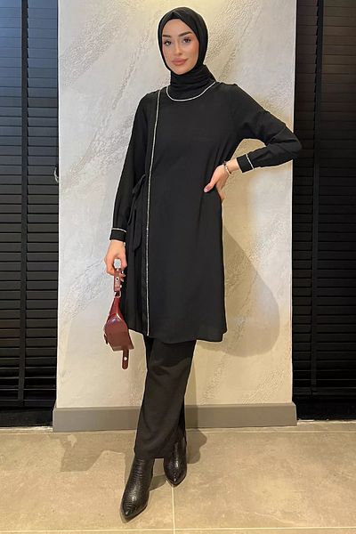 julude Μαύρο Γυναικείο Πέτρινο Κεντημένο Hijab Παντελόνι Σετ δύο τεμαχίων