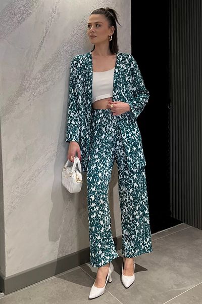 GÜLSELİ Emerald Green Women's Patterned Kimono Pants Double Set