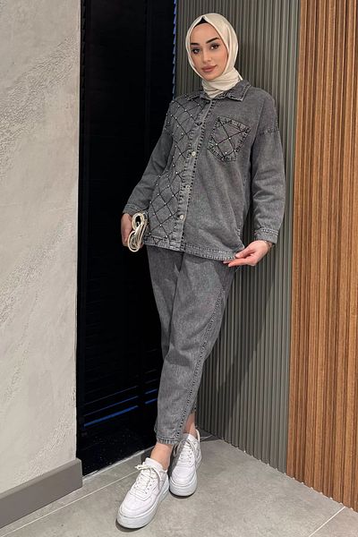 julude Anthracite Γυναικείο Μονό Τσέπη Πέτρα Λεπτομερές Τζιν Τζιν Μπουφάν Παντελόνι Hijab Διπλό Σετ