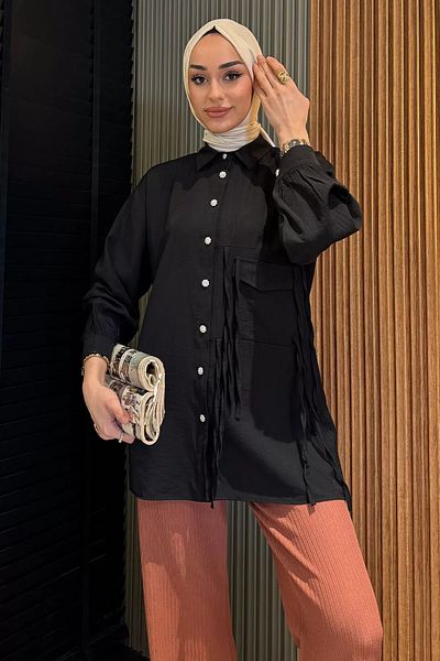 julude Μαύρο πουκάμισο Hijab με λεπτομέρεια από πέτρα