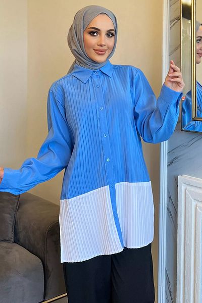 julude Tunica camasa Hijab plisata cu fanta laterala cu garnitura de culoare albastra