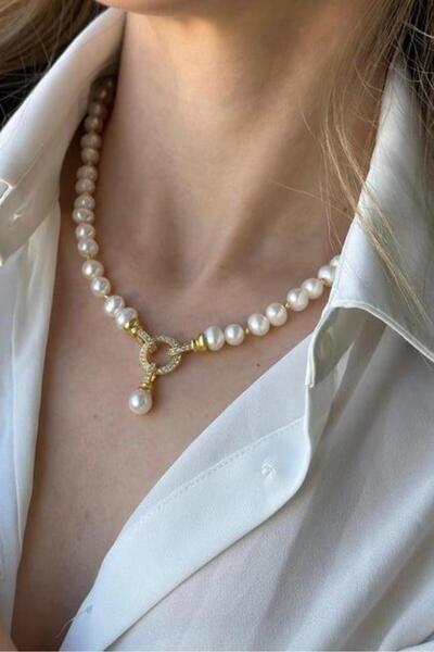 Birinci 925 Ayar Gümüş 7 mm Dorika Toplu Halka Kilitli Doğal İnci Kadın Kolye