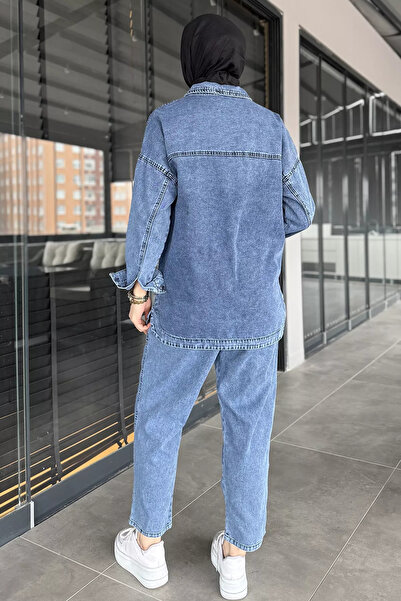 julude Blue Women's Single Pocket Stone Detailed Jean Denim Jacket Trousers Hijab Two Piece Set