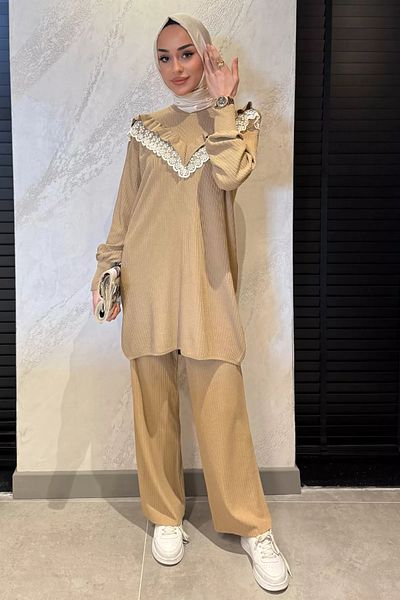 julude Μπεζ γυναικείο λαιμόκοψη Πλεκτό Hijab Παντελόνι Τούνικ Σετ δύο τεμαχίων