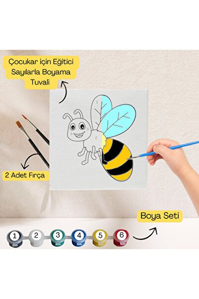 hediye hobim Çocuklar İçin Eğitici Sayılarla Boyama Seti Arı–20x20 Tuval,Boya...
