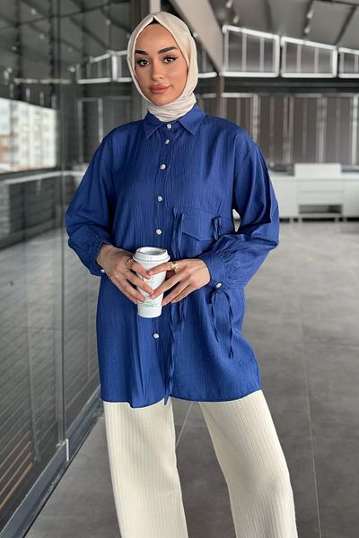 julude Πουκάμισο Indigo Side Tie Stone με λεπτομέρεια Hijab