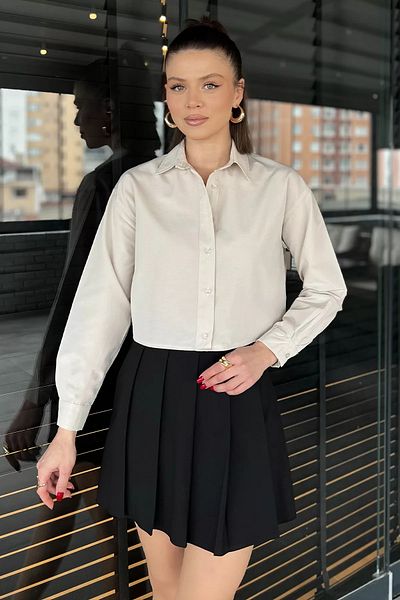 GÜLSELİ Cămașă Crop Top pentru femei Stone cu mânecă lungă