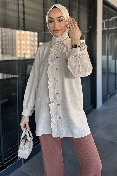 julude Cămașă Hijab cu piatră în față și detaliu cu volane