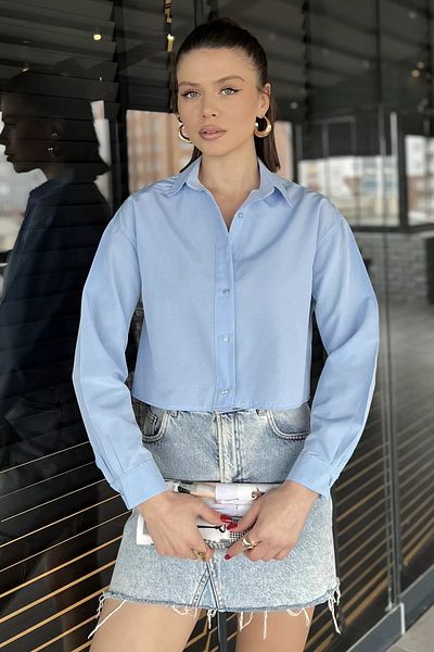 GÜLSELİ Cămașă Crop Top pentru femei cu mânecă lungă Baby Blue