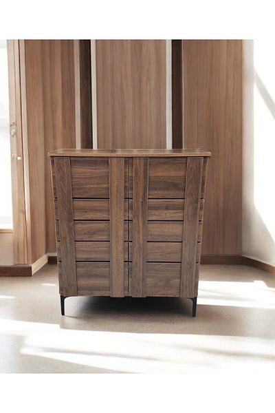 TrentonGCC Rich Coffee Wood Accent Cabinet - Modern Double Door Storage with Slatted Detail