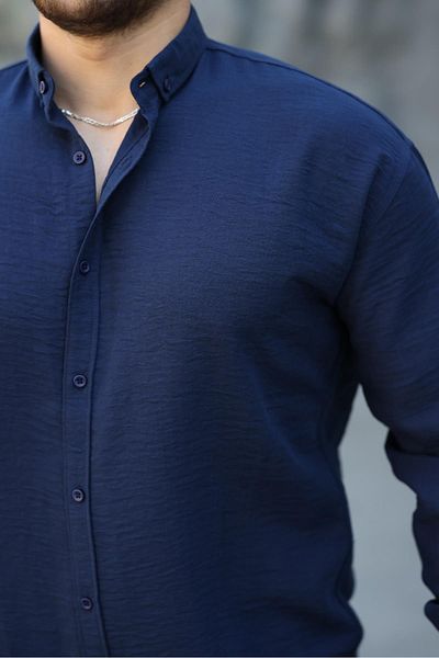 Valiberta Pera Fabric Linen Look Half Oversize Long Sleeve Men's Shirt - Navy Blue